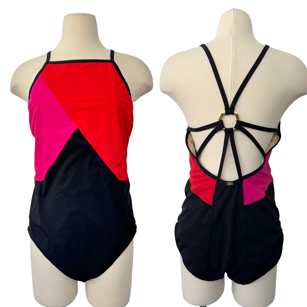 Amoressa Tatiana One-Piece Swimsuit Strappy Back Colorblock Bash Red | Size 14